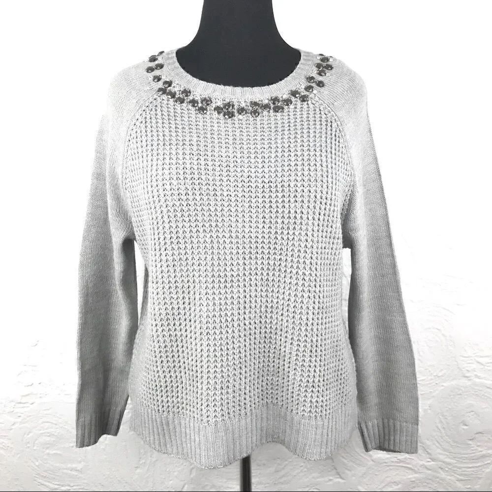 89th & Madison Gray Knit Jeweled Crew Neck Sweater